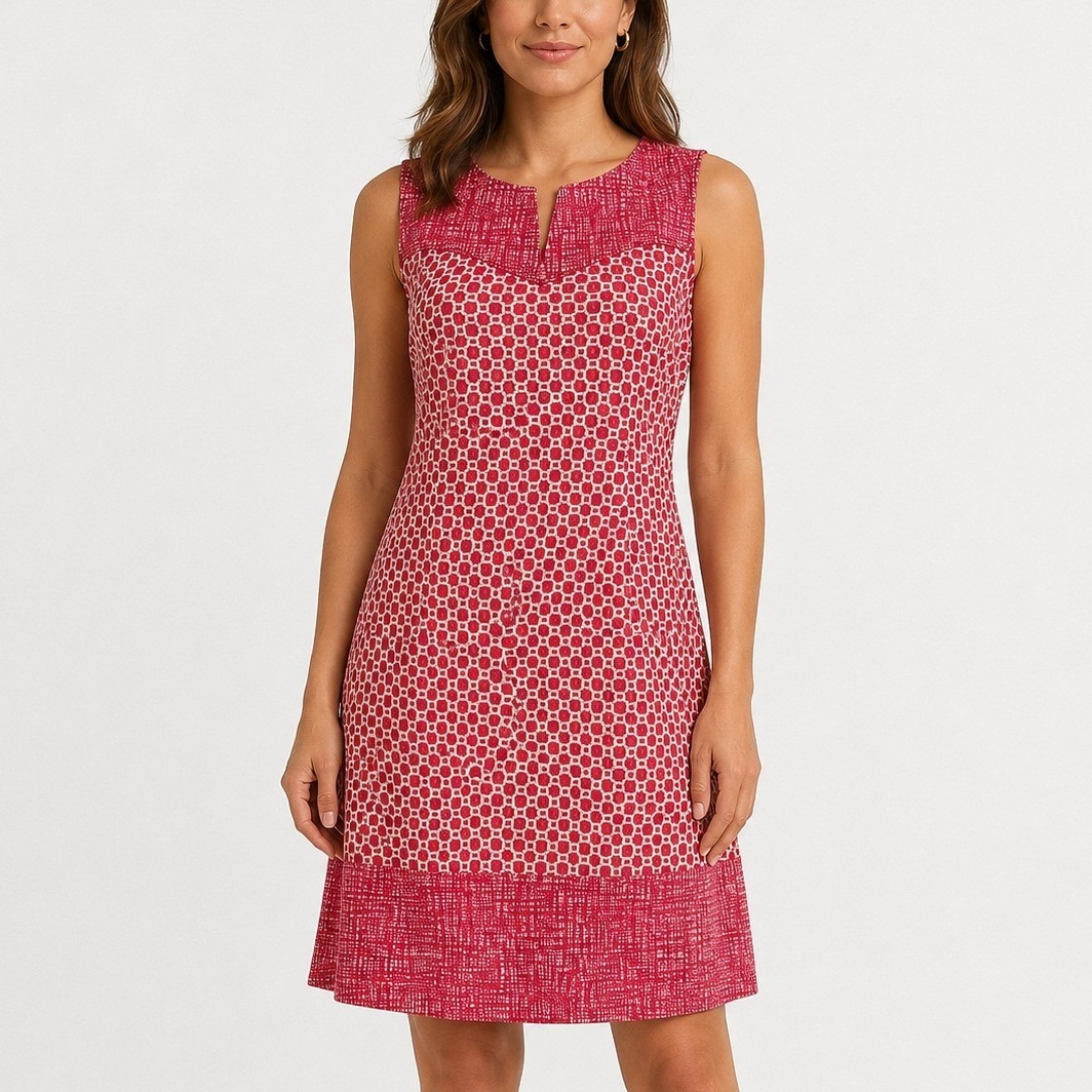 J.Mclaughlin Destin Midi Dress Coral Geometric Fit & Flare Sleeveless M Preppy